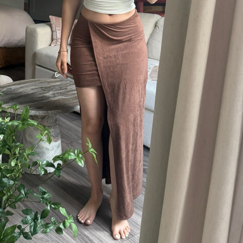 Brown Faux Suede Asymmetrical Skirt S | Trendy & Minimal, boho